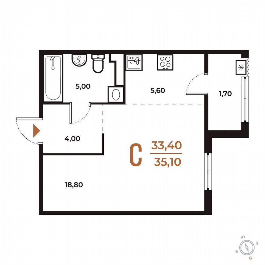 Квартира-студия, 35,1 м², 6/8 эт.
