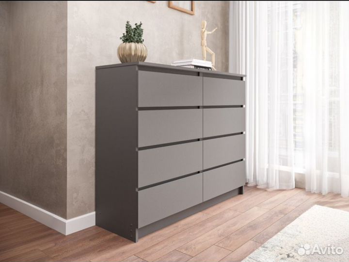 Широкий комод под Телевизор 8 ящиков, серый графит