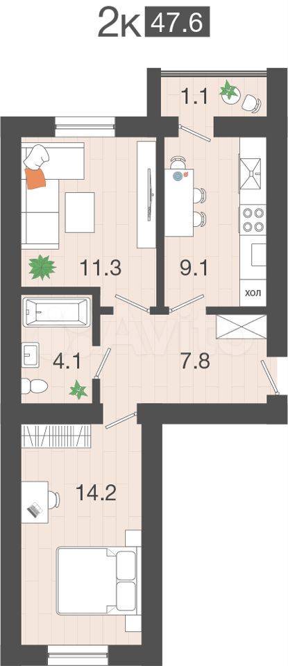 2-к. квартира, 47,6 м², 4/4 эт.