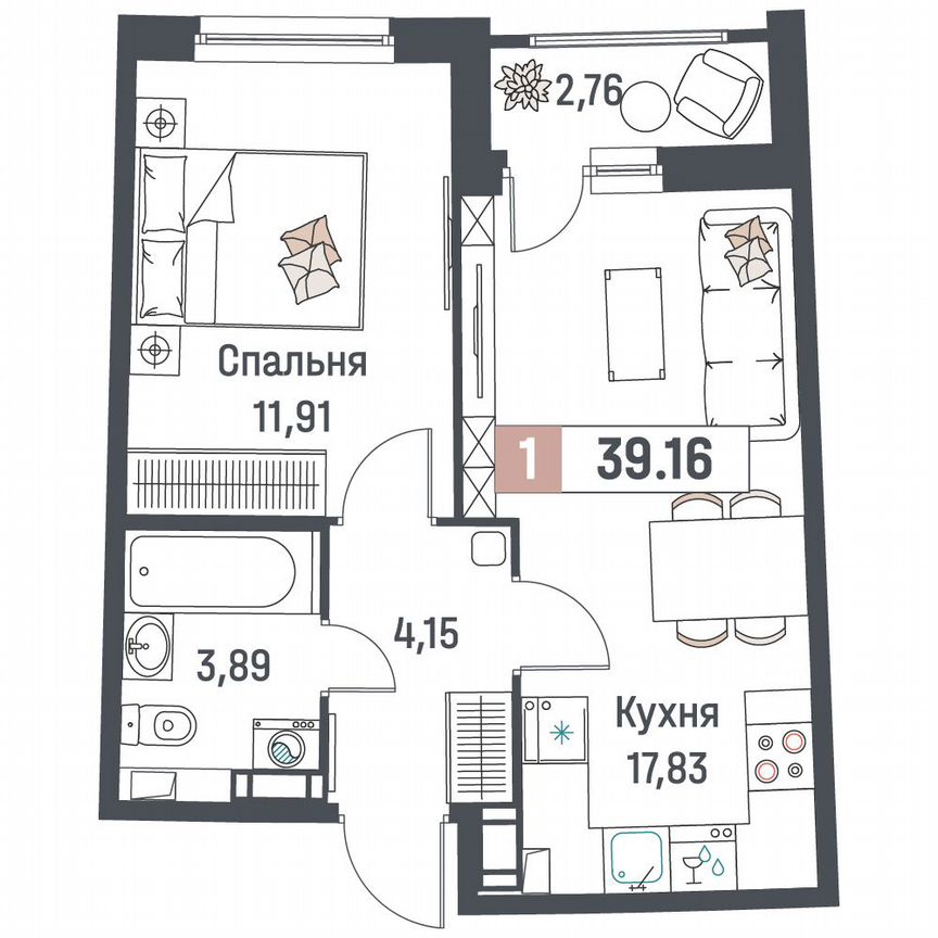 1-к. квартира, 39,2 м², 4/18 эт.