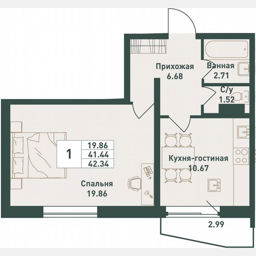 1-к. квартира, 42,3 м², 8/16 эт.