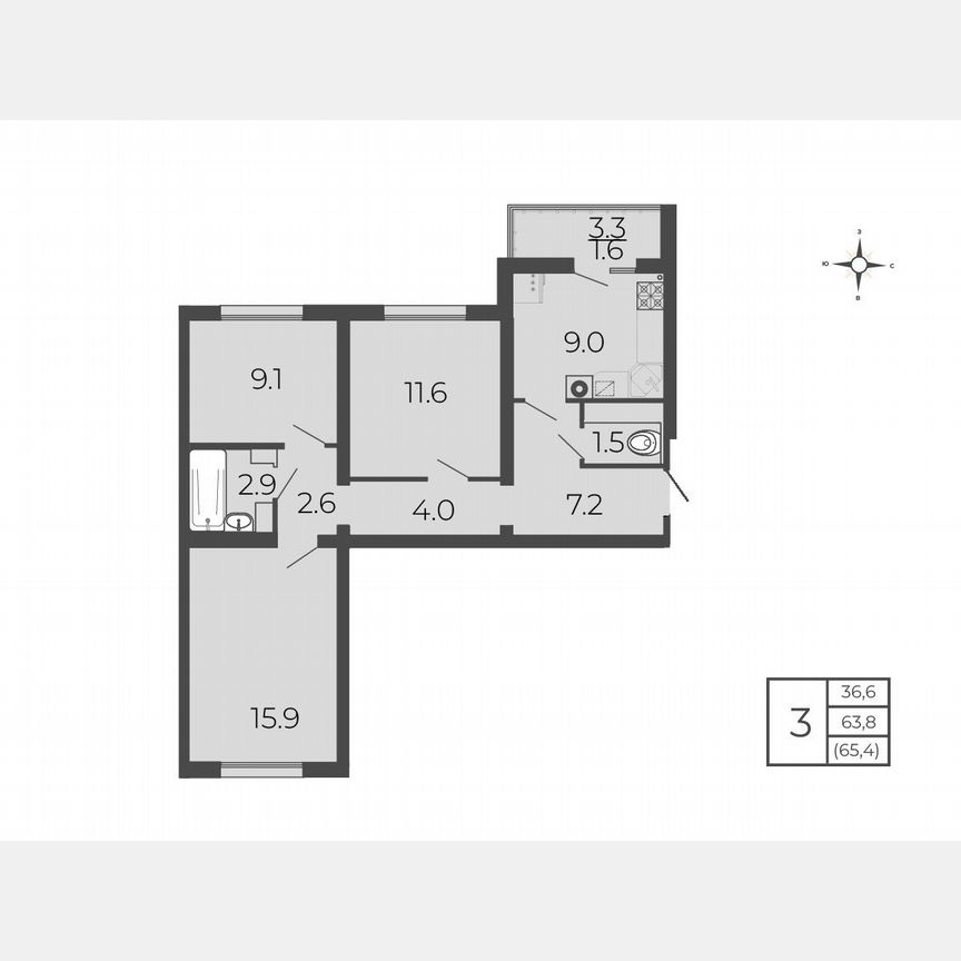 3-к. квартира, 65,4 м², 1/5 эт.