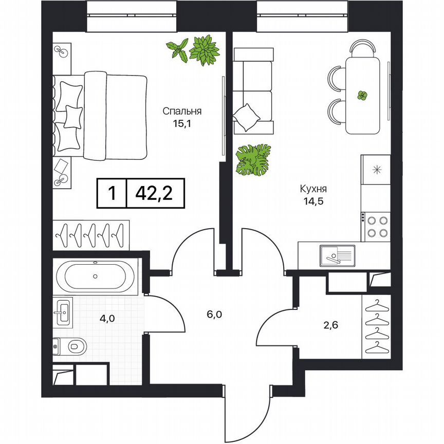 1-к. квартира, 42,2 м², 12/17 эт.