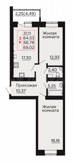2-к. квартира, 66,8 м², 2/4 эт.