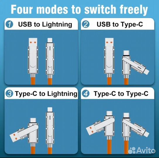 Силиконовый кабель для быстрой зарядки USB 120 Вт