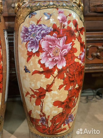 Вазы парные напольные каминные большие «Пионы»