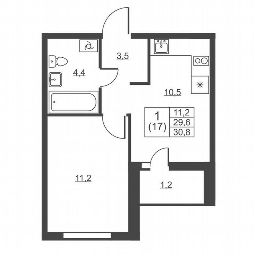 1-к. квартира, 30,8 м², 1/8 эт.