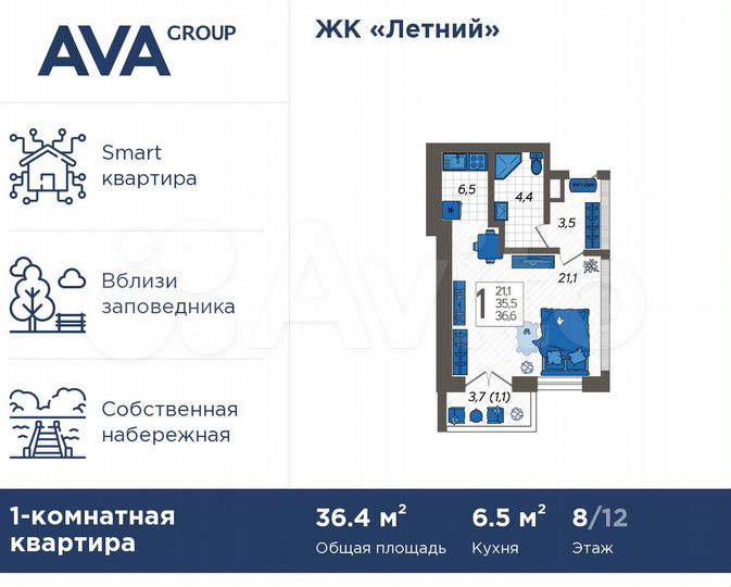 1-к. квартира, 36,4 м², 8/12 эт.