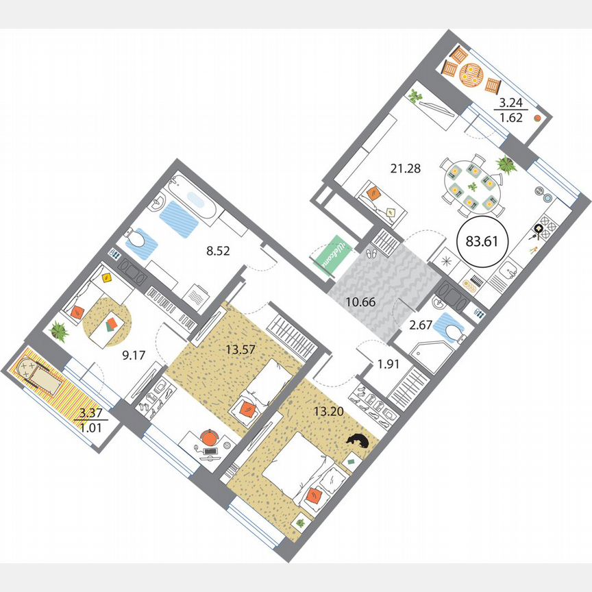 3-к. квартира, 83,6 м², 8/12 эт.