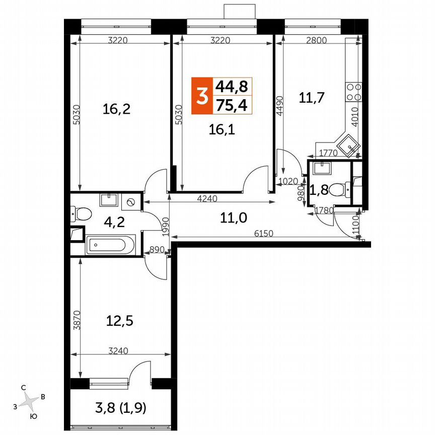 3-к. квартира, 75,4 м², 2/2 эт.
