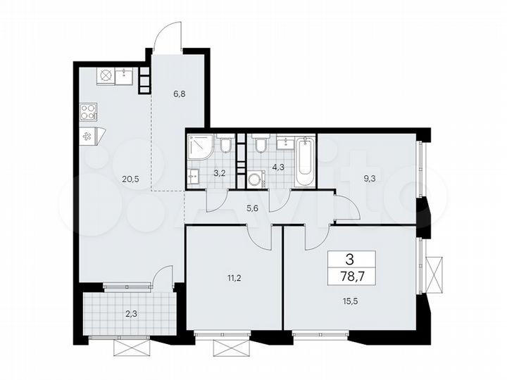 3-к. квартира, 78,7 м², 12/22 эт.