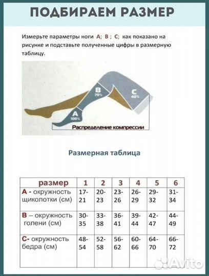 Компрессионные чулки 1 класс 2,3,4,5,6 размеры