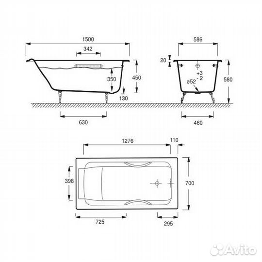 Чугунная ванна jacob delafon parallel 150X70 С руч