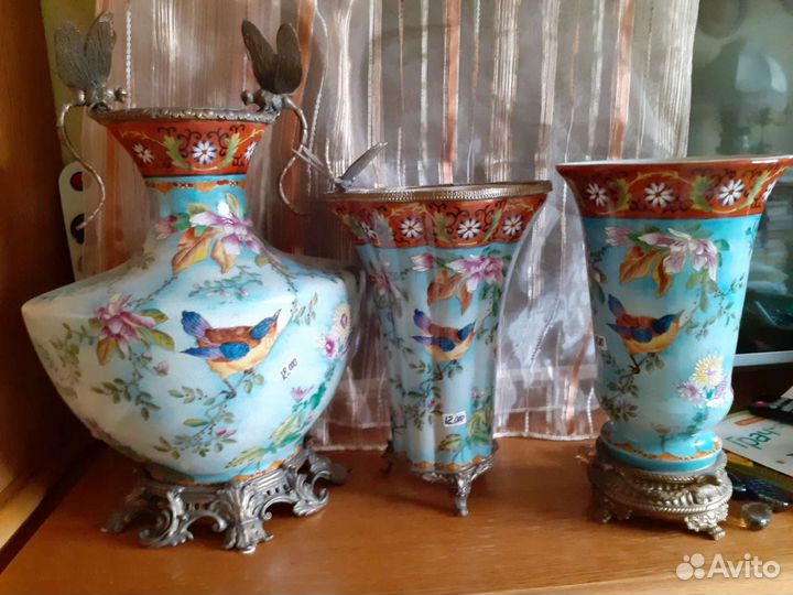 Ваза стрекозы голубая фарфор бронза