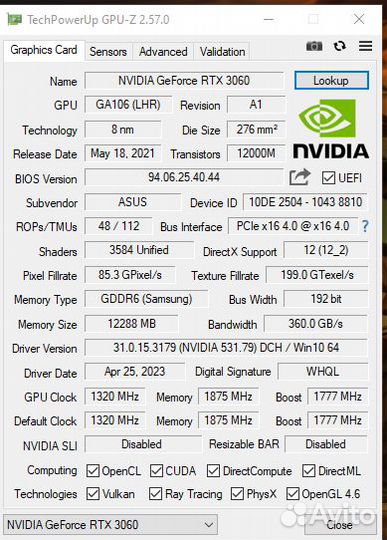Б/у Видеокарта GeForce RTX 3060 12Гб asus phoenix