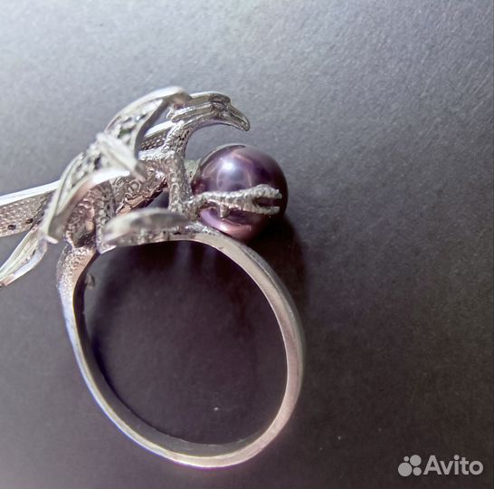 Серебрянное кольцо Дракон (черные фианит.И жемчуг)