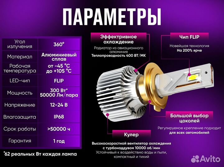 Светодиодные LED лампы, H11, 300W, 50000 Lm, 6000K