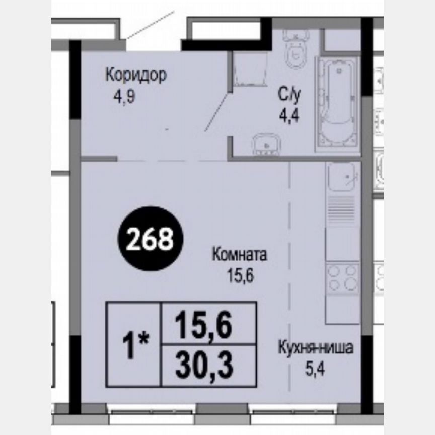 1-к. квартира, 30,3 м², 3/25 эт.