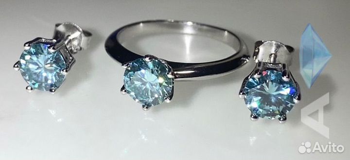 Серьги 2 ct голубой бриллиант(муассанит)