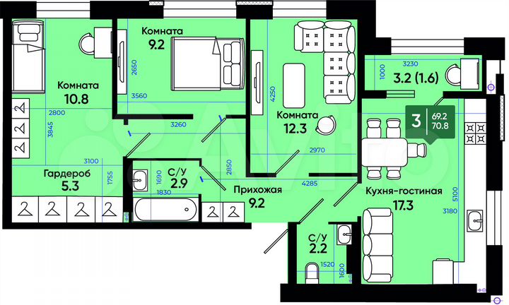 3-к. квартира, 70,8 м², 1/3 эт.