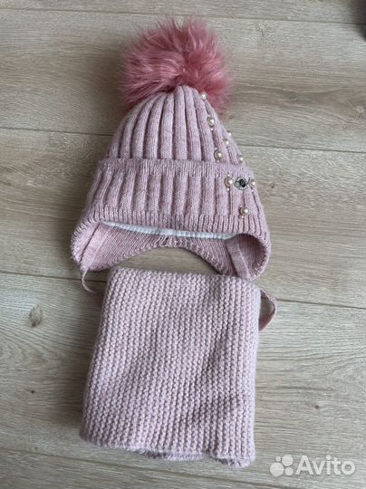 Зимняя шапка для девочки, снуд и варежки 2-4 года