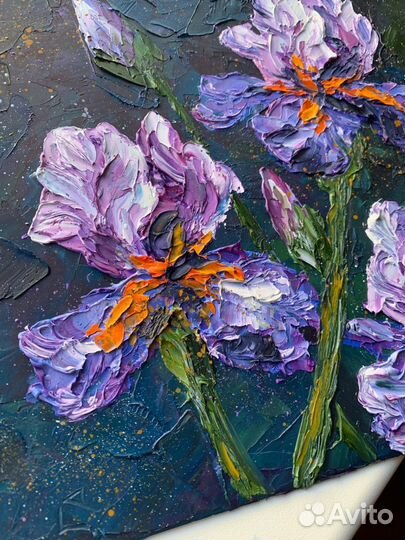 Картина маслом фиолетовые ирисы букет цветов