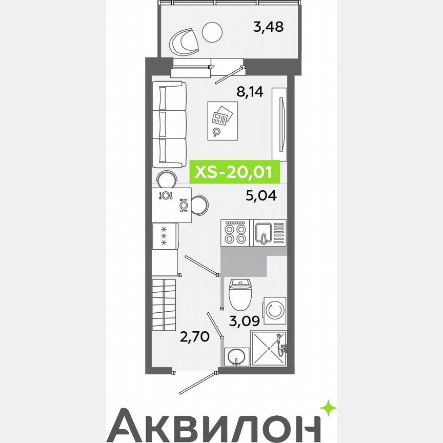 Квартира-студия, 20 м², 6/12 эт.