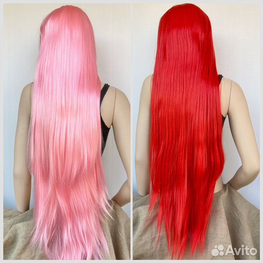 Парик розовый прямой с чёлкой 100 см