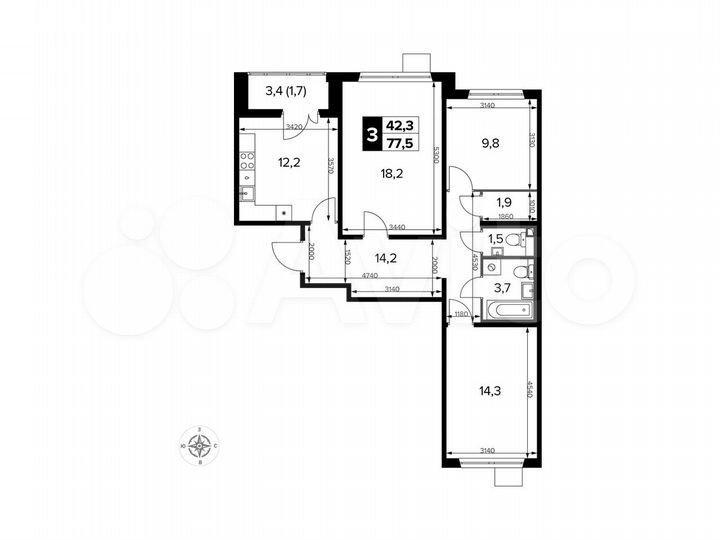 3-к. квартира, 77,8 м², 8/15 эт.