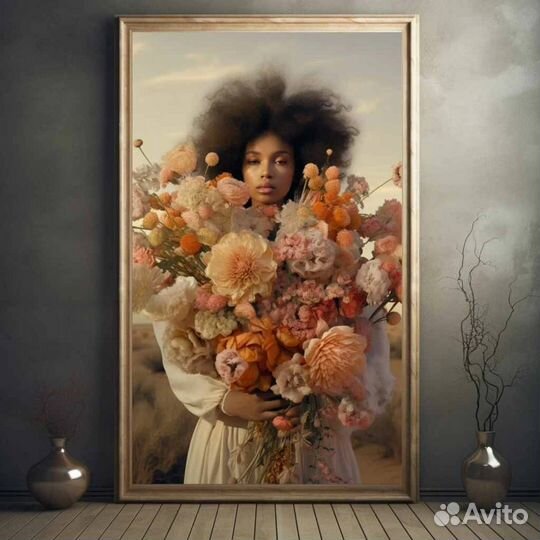 Стильная картина девушка с большим букетом цветов