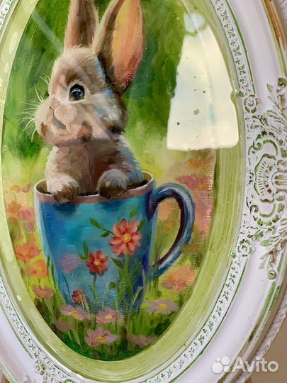Картина маслом, кролик в кружке, 22х30