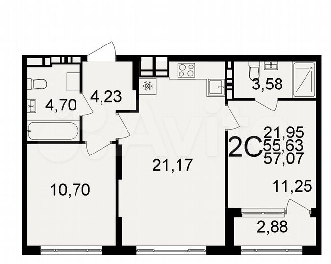 2-к. квартира, 57,1 м², 12/20 эт.