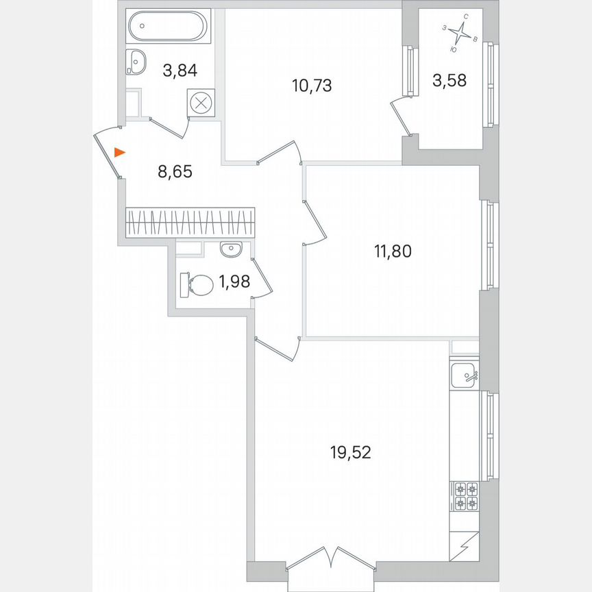 2-к. квартира, 58,3 м², 2/4 эт.