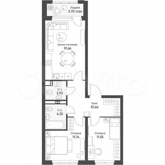 2-к. квартира, 62,7 м², 2/16 эт.