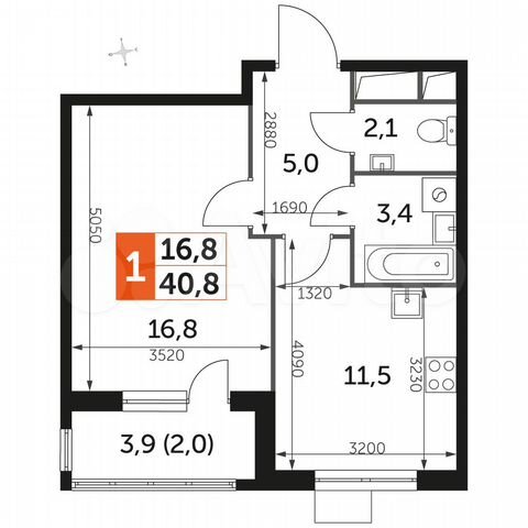 1-к. квартира, 40,8 м², 2/16 эт.