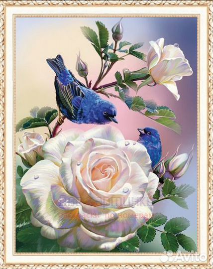 Алмазная мозаика 40x50 Синие птички на белых