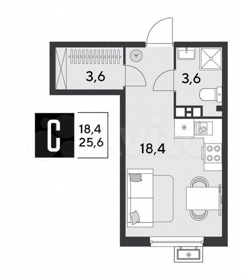 Квартира-студия, 25,6 м², 8/9 эт.