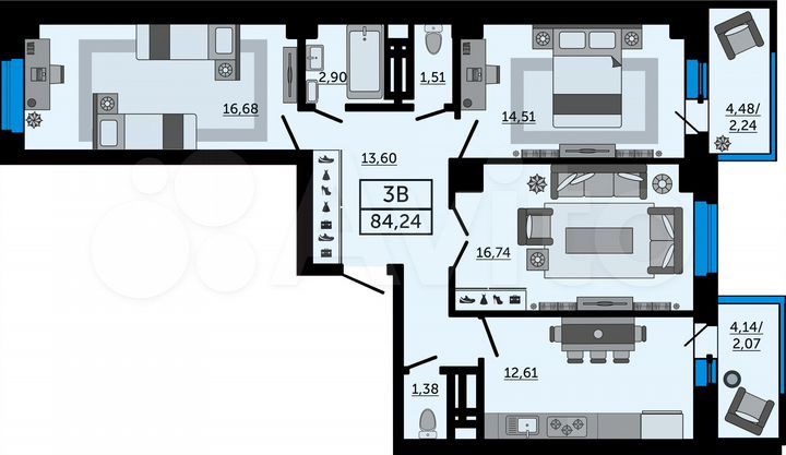 3-к. квартира, 84,2 м², 6/26 эт.