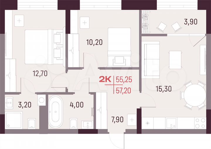 2-к. квартира, 55,3 м², 4/25 эт.