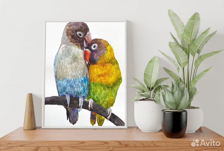 Картина с птицами попугаями акварелью 20x25 см
