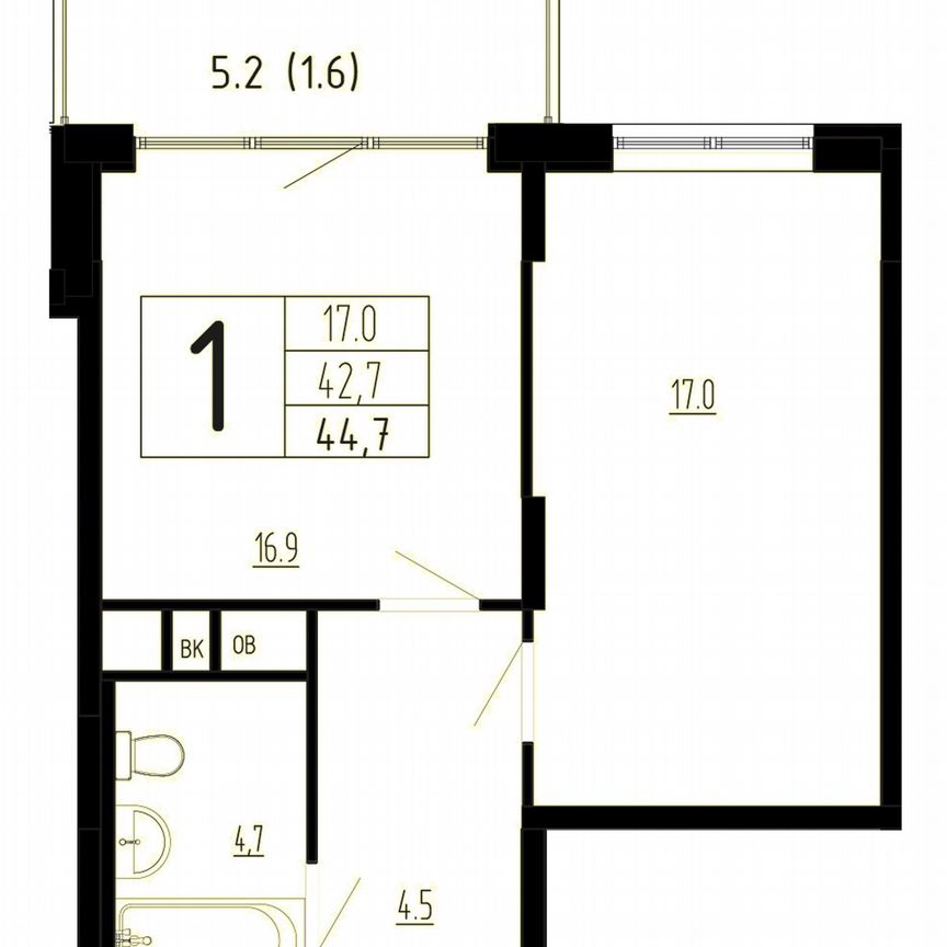 1-к. квартира, 44,7 м², 2/4 эт.