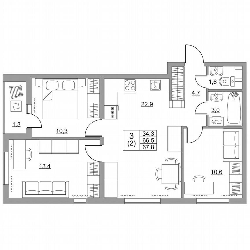 3-к. квартира, 67,8 м², 8/8 эт.