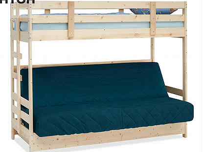 Двухъярусная кровать массив с диван-кроватью синий