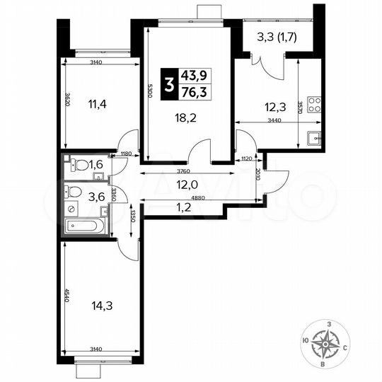 3-к. квартира, 76,3 м², 16/24 эт.