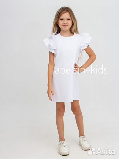 Белое платье с перьями р.134; 140; 146; 152