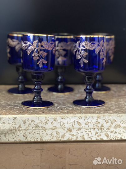 Набор бокалов Богемия кобальт позолота Чехия