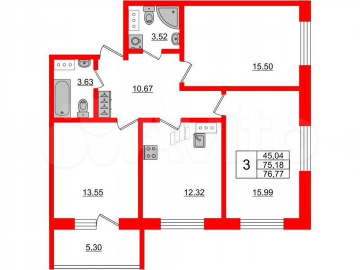 3-к. апартаменты, 76,8 м², 5/5 эт.