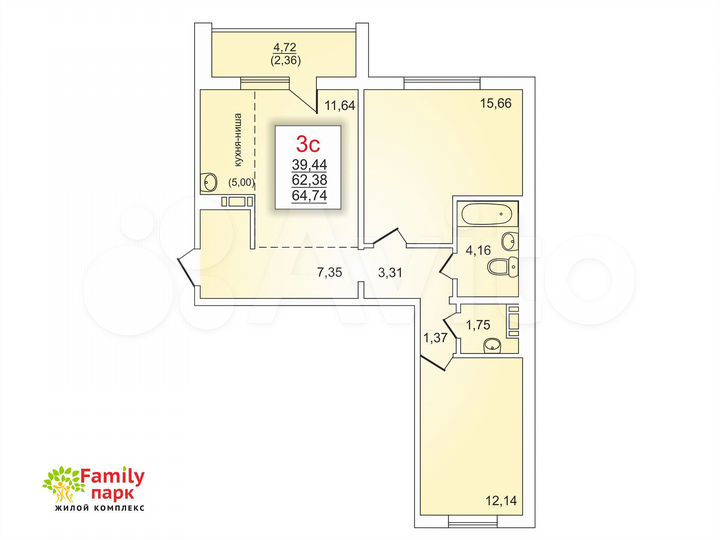 2-к. квартира, 64,7 м², 7/10 эт.