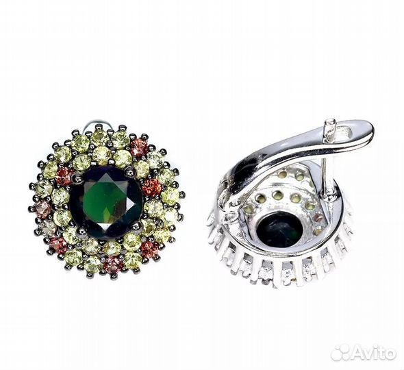 Серебряные серьги с черными опалами и сапфирами