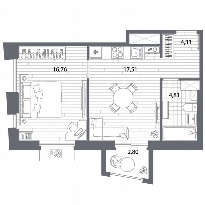 1-к. квартира, 44,3 м², 4/13 эт.